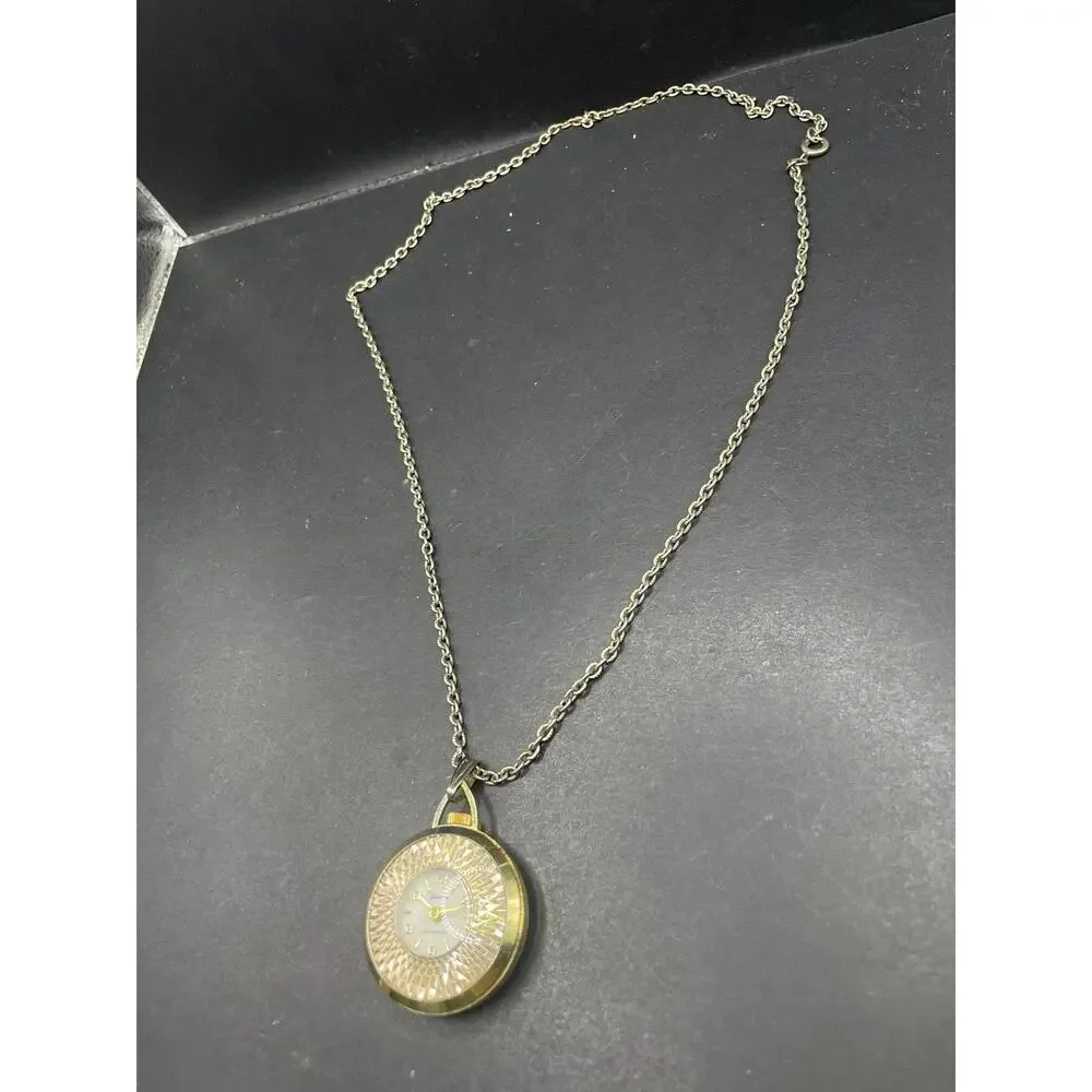 Lucerne Swiss Made Mechanical Pendant Watch Necklace Gold Tone Cable Chain